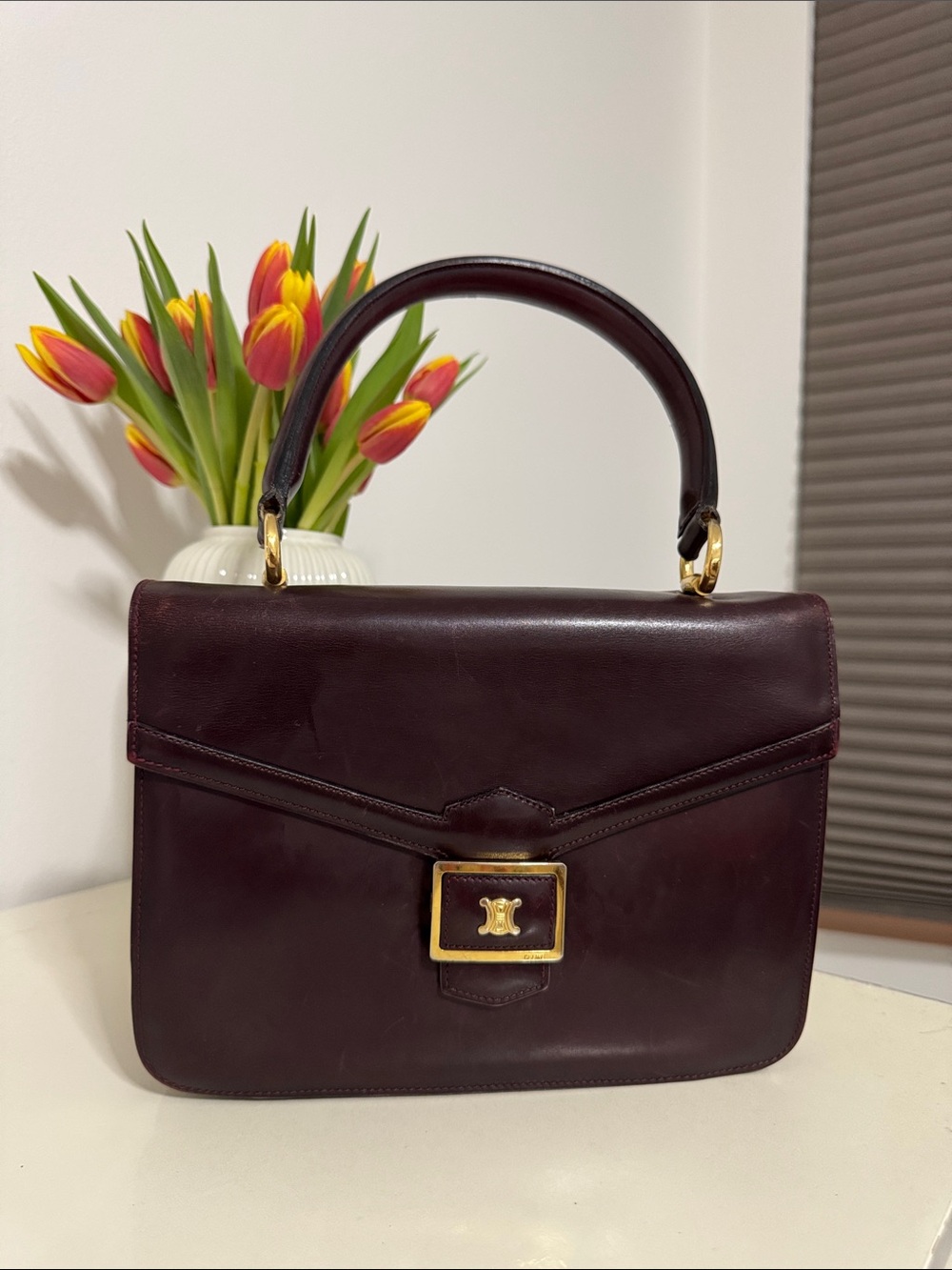Celine Burgundy Leather Top-Handle Satchel with Gold Hardware